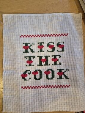 Kiss The Cook Completed Cross Stitch